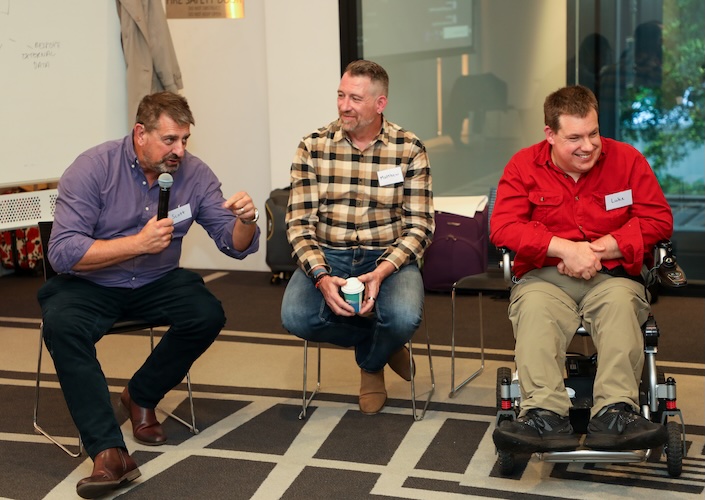 Image of Dr Scott Avery, Matthew Howson and Luke Nelson in a discussion at a workshop.